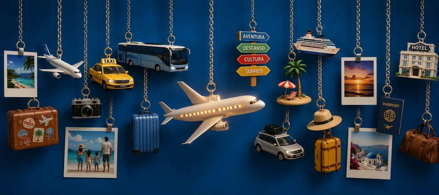 Itens de viagem: mala, chapéu, câmera e passagens
